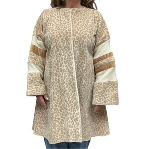 Vintage Beige Leopard Print Open Front Coat Textured Sleeve Stripes Handmade